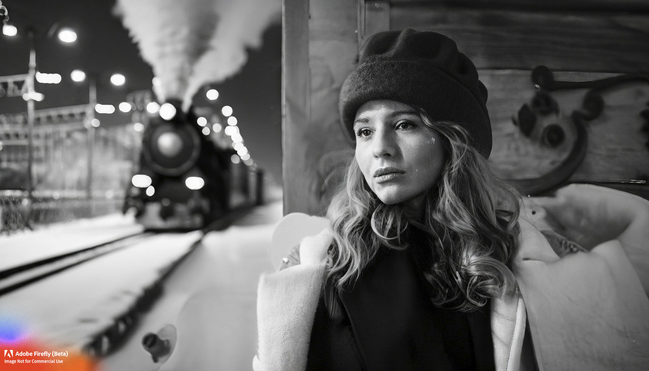 Firefly black and white picture glamorous girl very detailed face portrait white skin in coat ...jpg