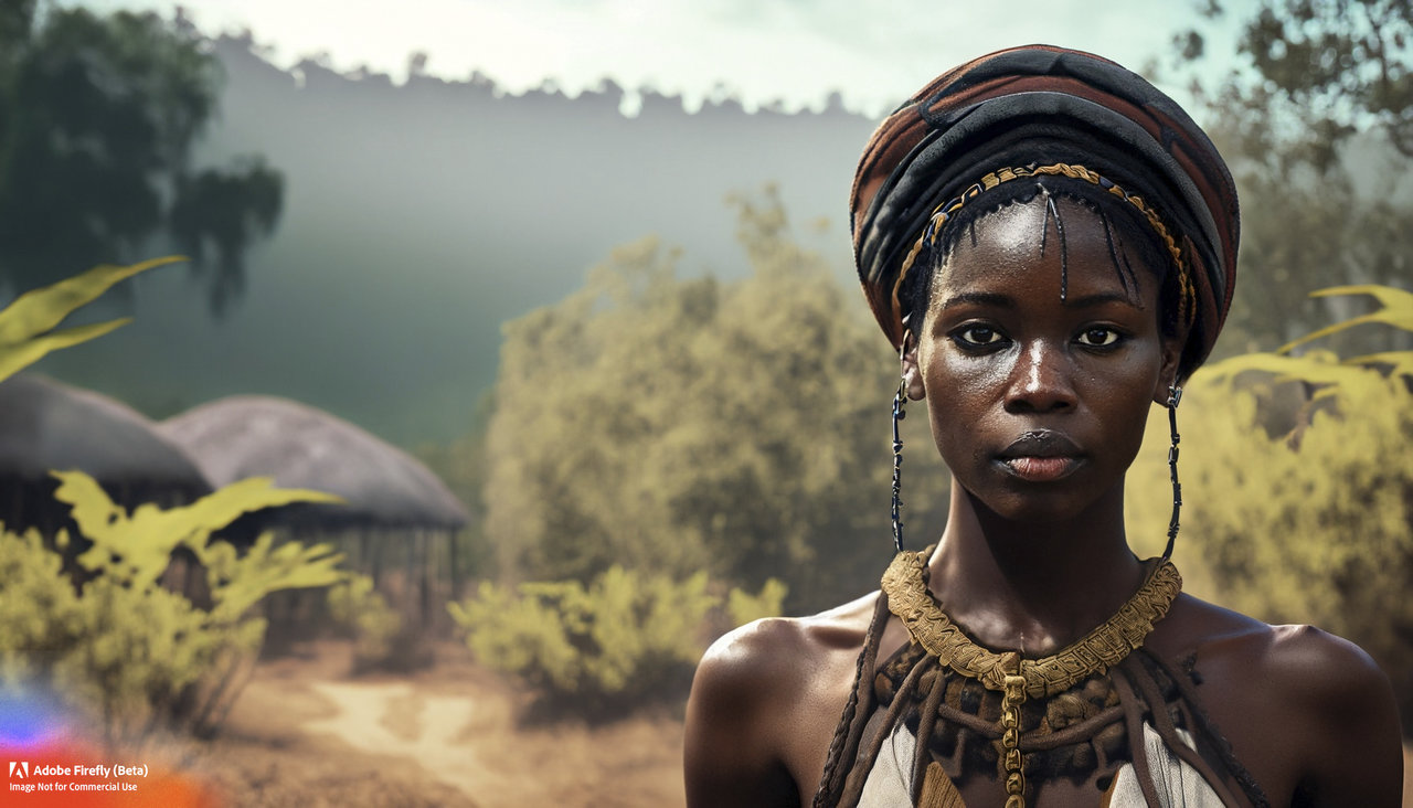 Firefly Portrait of an african warrior walking into the wilderness from a village in the backg...jpg